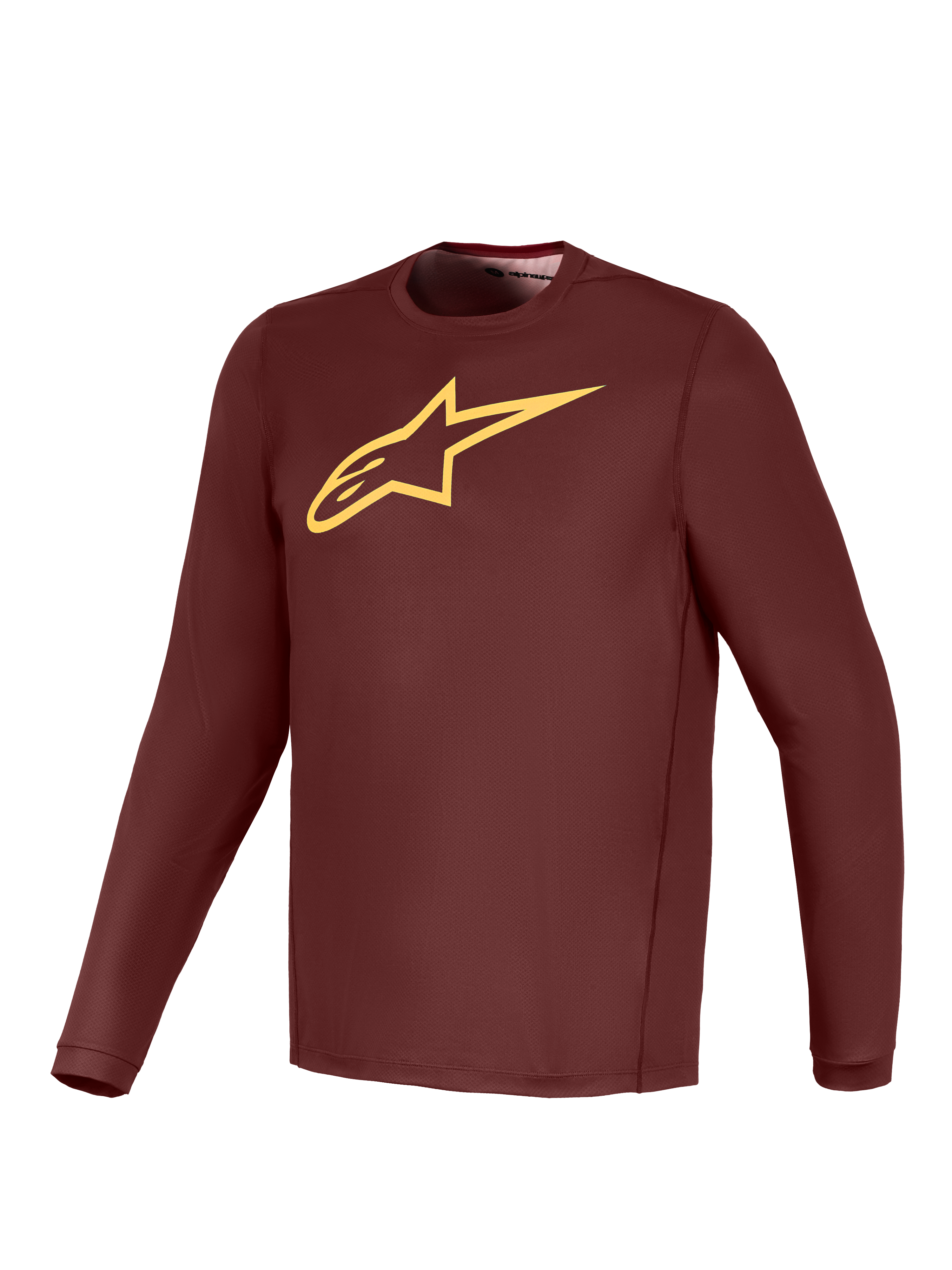 Maillot A-Dura Ride à manches longues bordeaux avec logo jaune, équipement VTT léger haute performance.