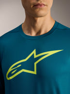 Maillot à manches longues A-Dura Ride bleu-vert, logo Astars vert lime sur la poitrine, vêtement de VTT performant.