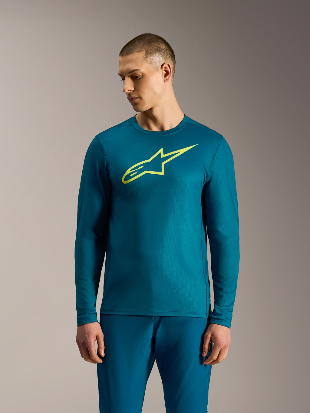 Maillot A-Dura Ride bleu-vert à manches longues avec logo Alpinestars jaune citron, vêtement de performance pour VTT.