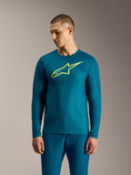 Maillot A-Dura Ride bleu-vert à manches longues avec logo Alpinestars jaune citron, vêtement de performance pour VTT.