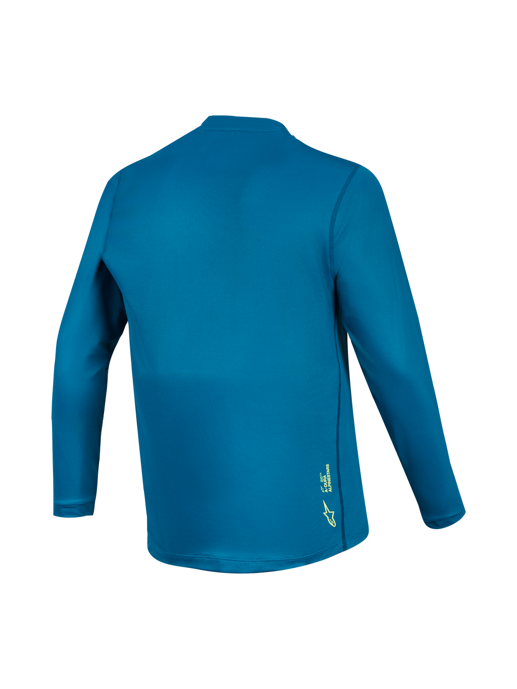 Maillot VTT A-Dura Ride bleu-vert à manches longues, vue de dos avec tissu technique et petit logo jaune.