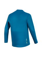 Maillot VTT A-Dura Ride bleu-vert à manches longues, vue de dos avec tissu technique et petit logo jaune.