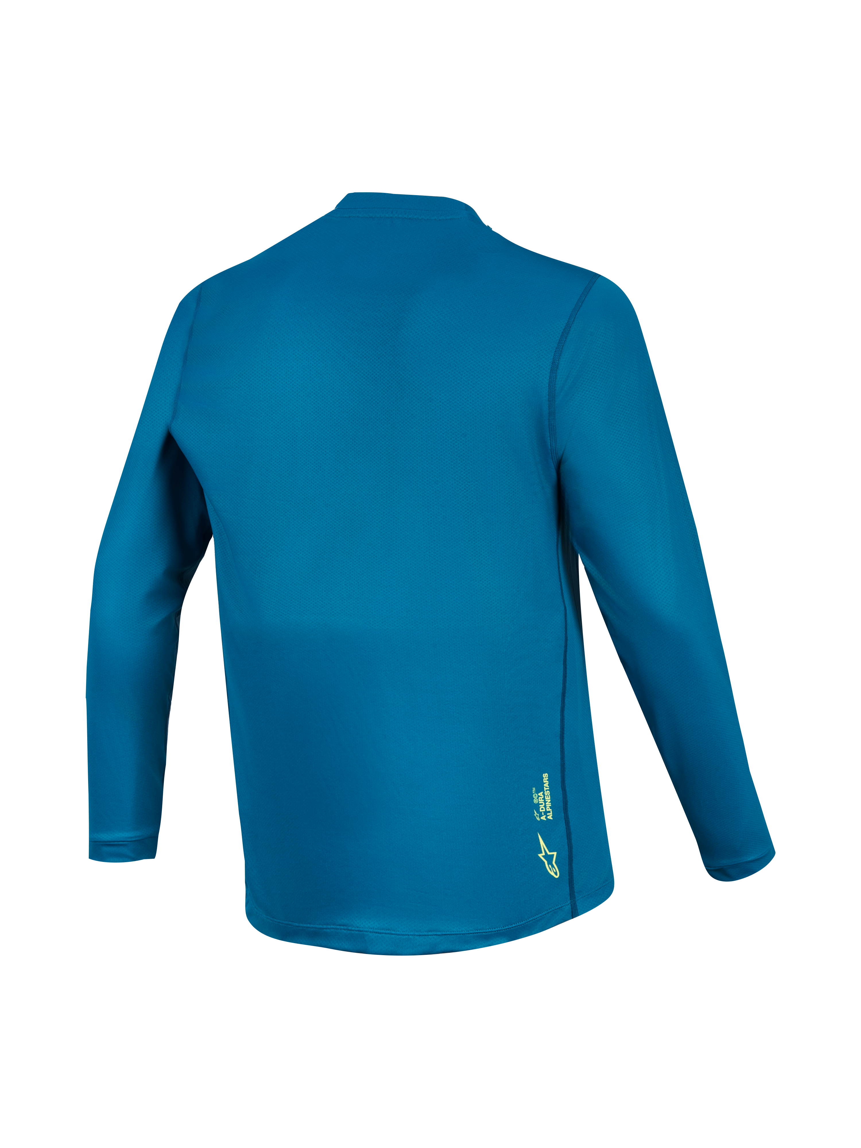 Maillot VTT A-Dura Ride bleu-vert à manches longues, vue de dos avec tissu technique et petit logo jaune.