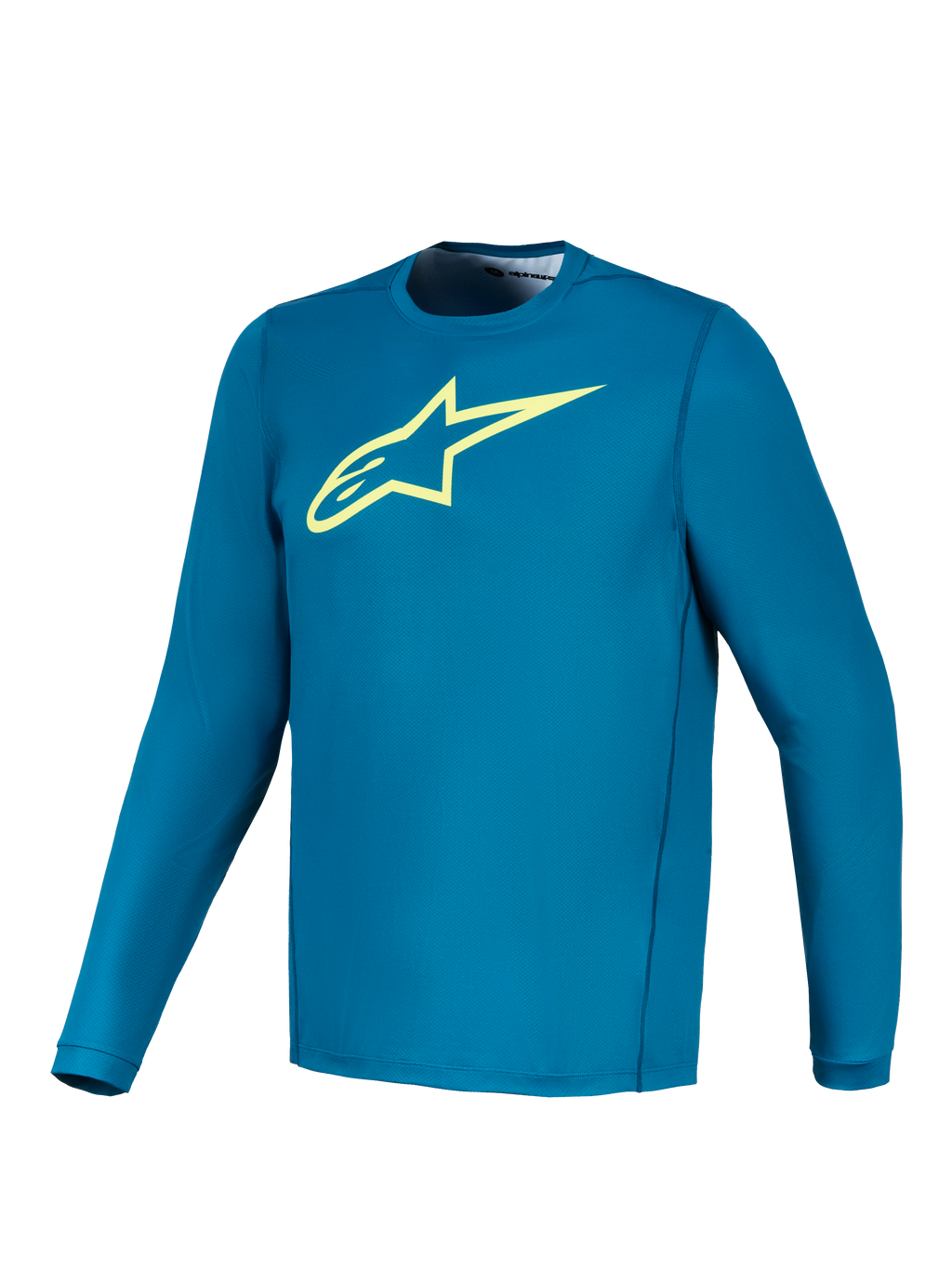 Maillot à manches longues Alpinestars A-Dura Ride bleu-vert, logo Astars jaune lime, vêtement technique de VTT.
