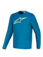 Maillot à manches longues Alpinestars A-Dura Ride bleu-vert, logo Astars jaune lime, vêtement technique de VTT.