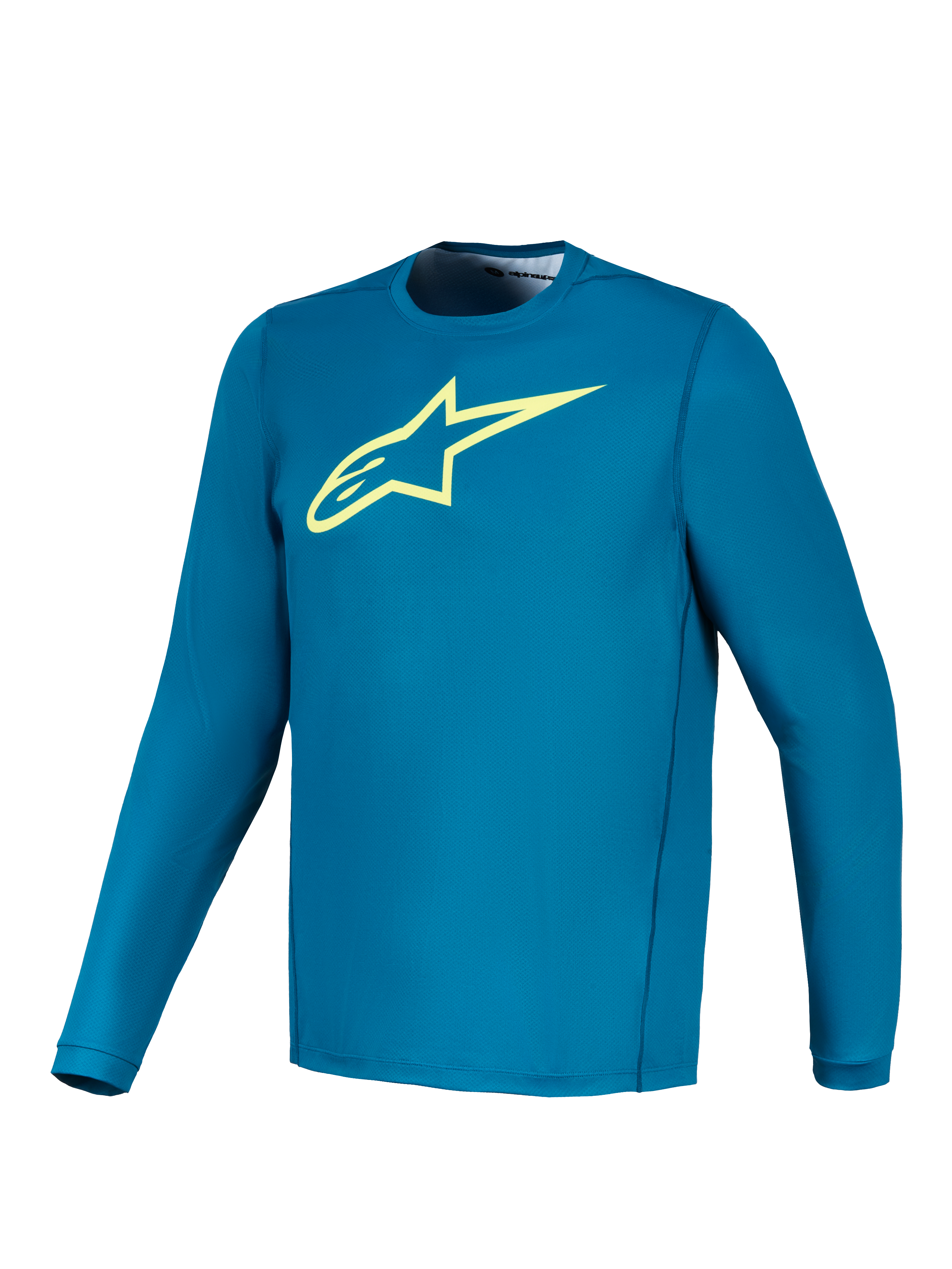 Maillot à manches longues Alpinestars A-Dura Ride bleu-vert, logo Astars jaune lime, vêtement technique de VTT.