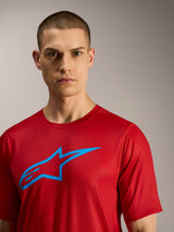 A-Dura Ride Short Sleeve Jersey in Red featuring a blue Alpinestars logo, technical performance wear for MTB trails.