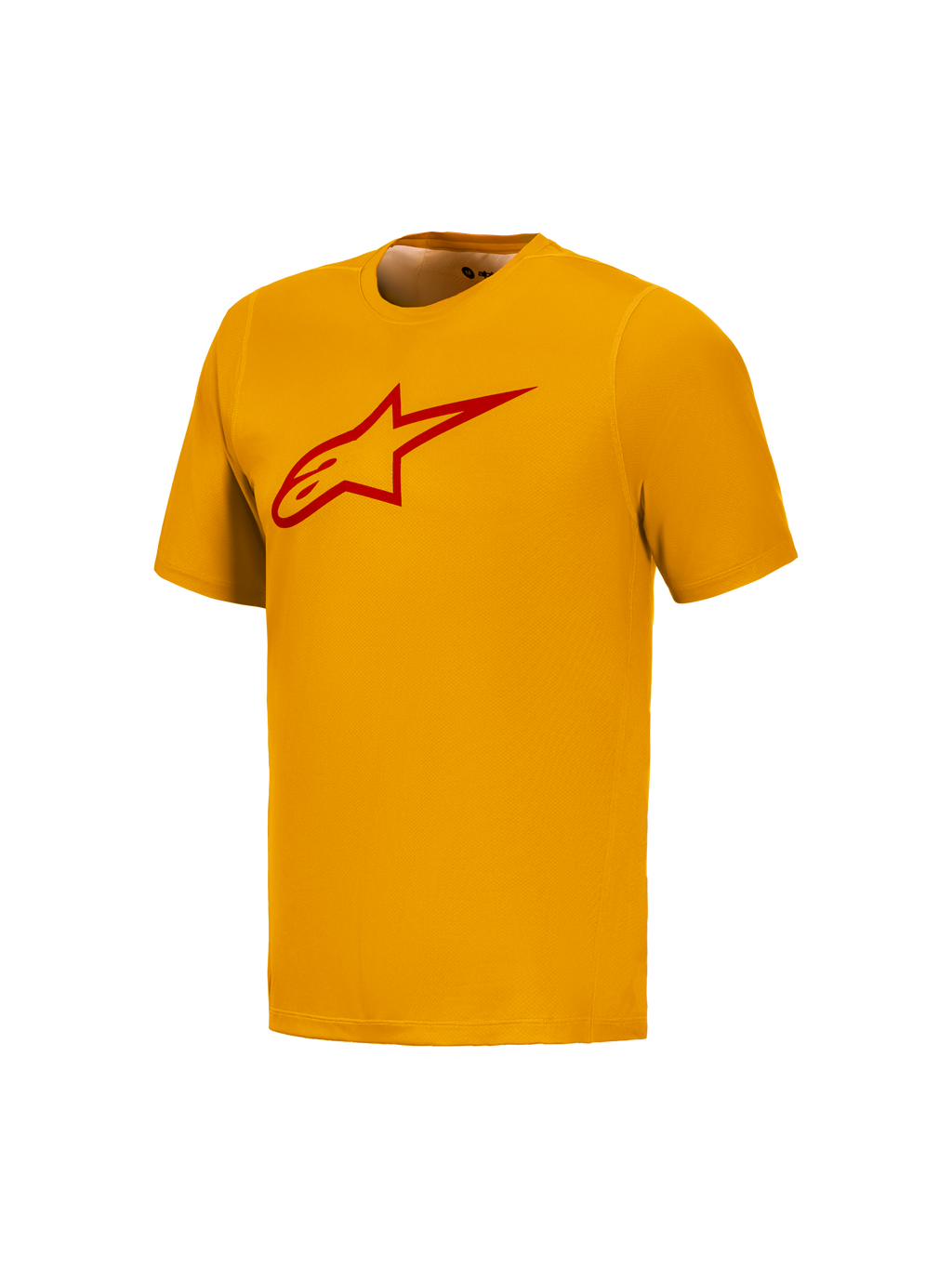 Maillot Alpinestars A-Dura Ride orange à manches courtes, logo Astars rouge sur la poitrine, vêtement de VTT technique.