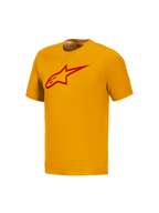 Maillot Alpinestars A-Dura Ride orange à manches courtes, logo Astars rouge sur la poitrine, vêtement de VTT technique.