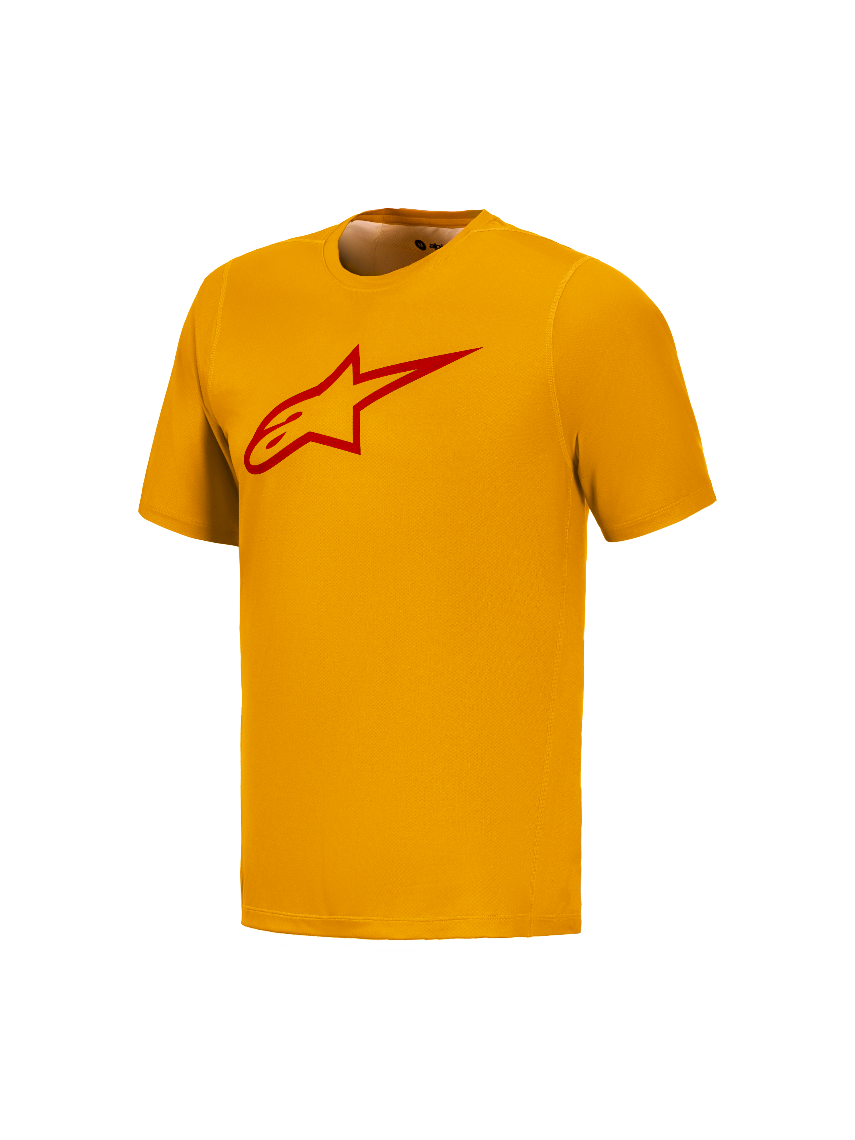 Maillot Alpinestars A-Dura Ride orange à manches courtes, logo Astars rouge sur la poitrine, vêtement de VTT technique.