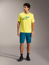 Maillot A-Dura Ride jaune fluo à manches courtes, logo Astars bleu sarcelle, vêtement technique de VTT pour homme.
