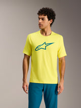 Maillot Alpinestars A-Dura Ride jaune fluo, haut de VTT à manches courtes avec logo sarcelle sur la poitrine.