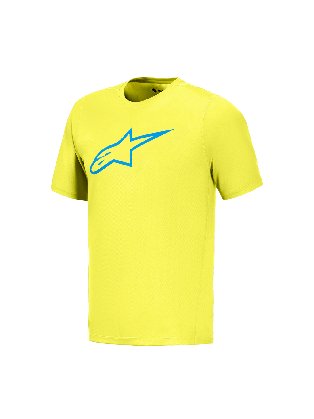 Maillot A-Dura Ride jaune fluo à manches courtes avec logo Astars bleu, vêtement de performance technique pour le VTT.