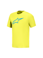 Maillot A-Dura Ride jaune fluo à manches courtes avec logo Astars bleu, vêtement de performance technique pour le VTT.