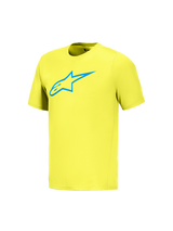 Maillot A-Dura Ride jaune fluo à manches courtes avec logo Astars bleu, vêtement de performance technique pour le VTT.