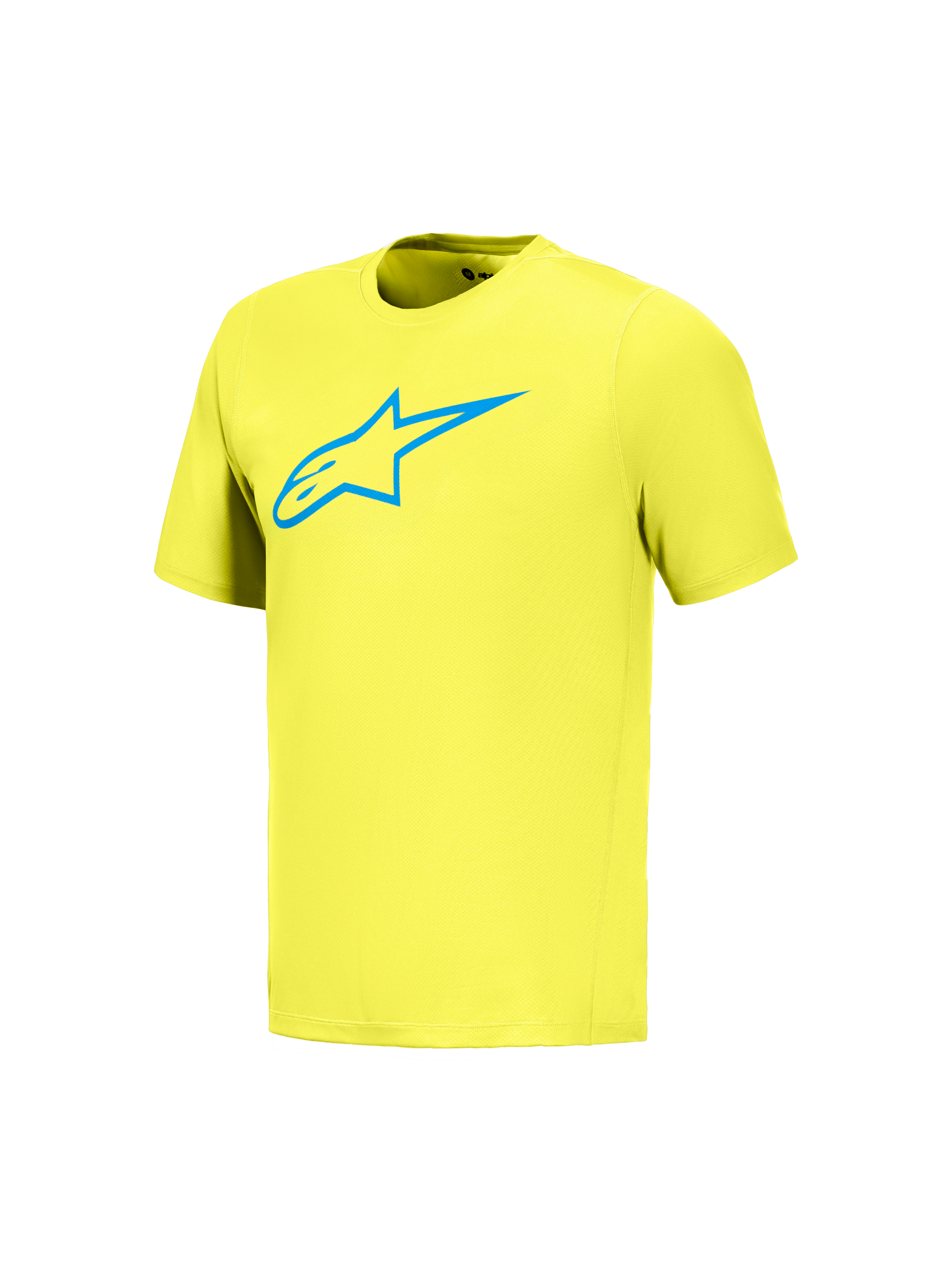 Maillot A-Dura Ride jaune fluo à manches courtes avec logo Astars bleu, vêtement de performance technique pour le VTT.