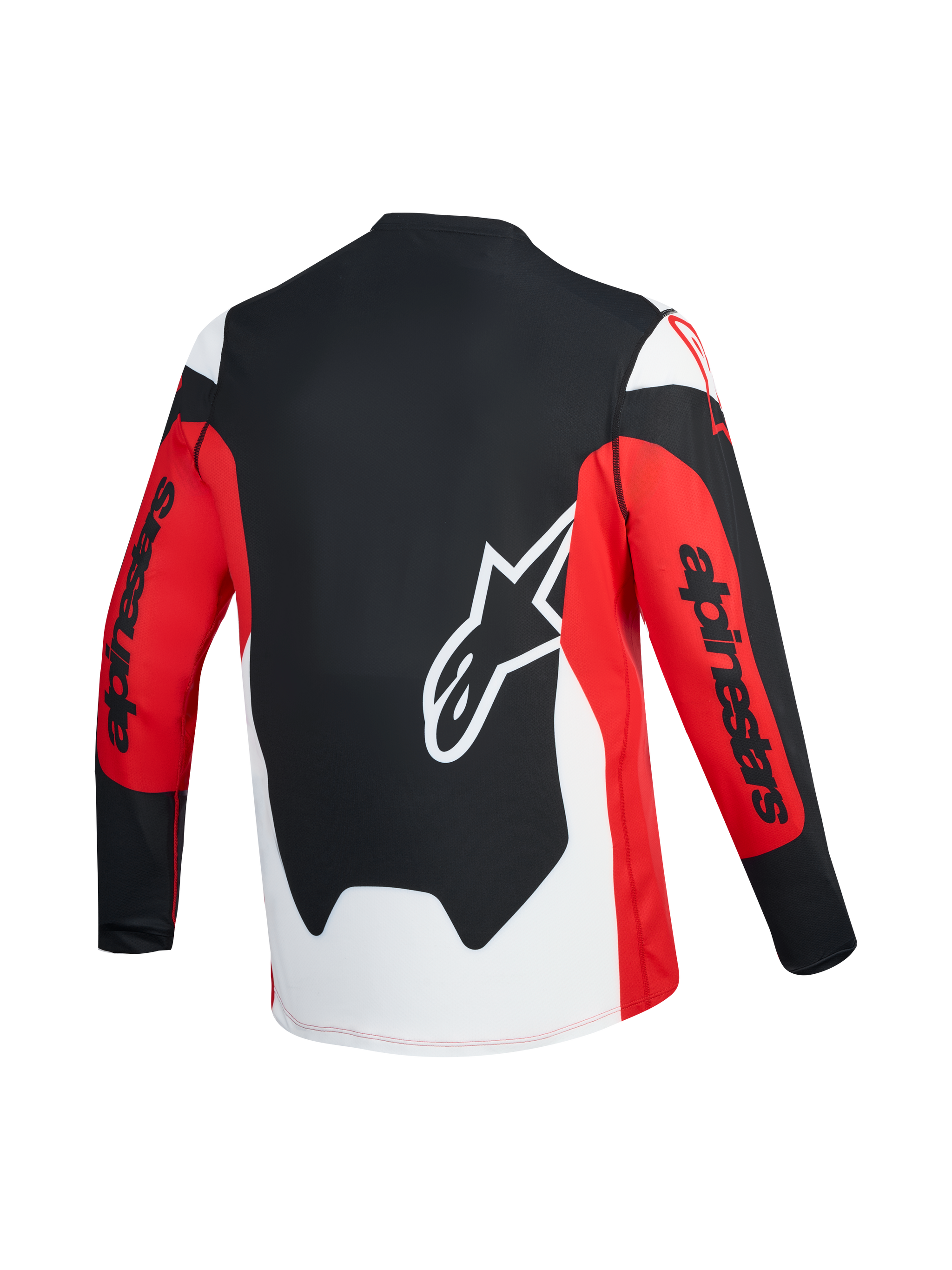 Maillot VTT A-Dura Race rouge et noir, vue de dos avec logo Astars blanc et marquage Alpinestars sur les manches longues.
