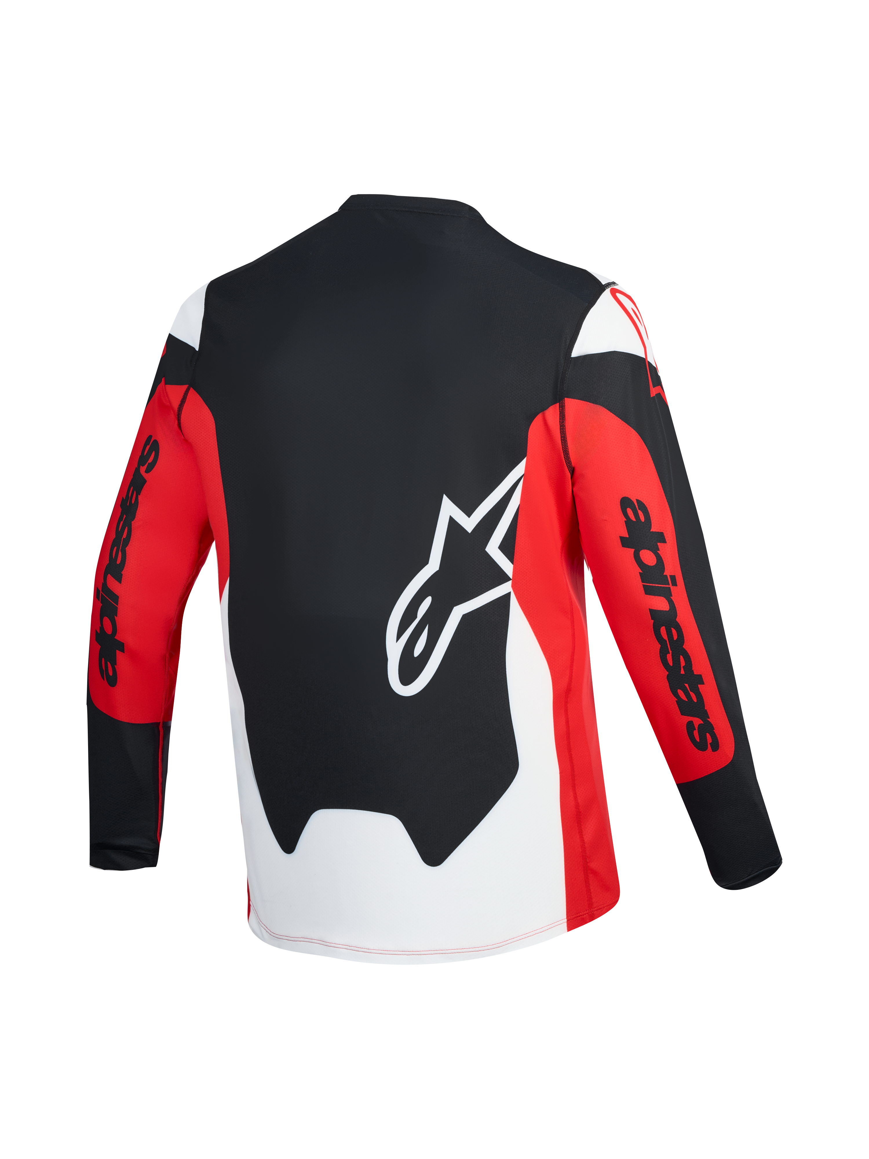 Maillot VTT A-Dura Race rouge et noir, vue de dos avec logo Astars blanc et marquage Alpinestars sur les manches longues.
