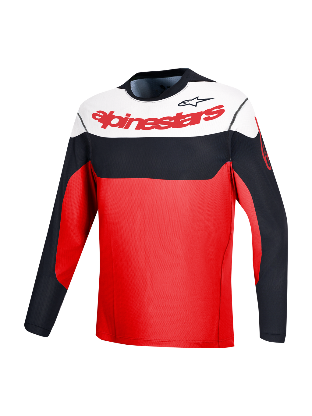 Maillot VTT A-Dura Race rouge à manches longues, blocs noir et blanc et logos Alpinestars pour la performance VTT.