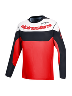 Maillot VTT A-Dura Race rouge à manches longues, blocs noir et blanc et logos Alpinestars pour la performance VTT.