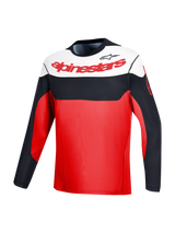 Maillot VTT A-Dura Race rouge à manches longues, blocs noir et blanc et logos Alpinestars pour la performance VTT.