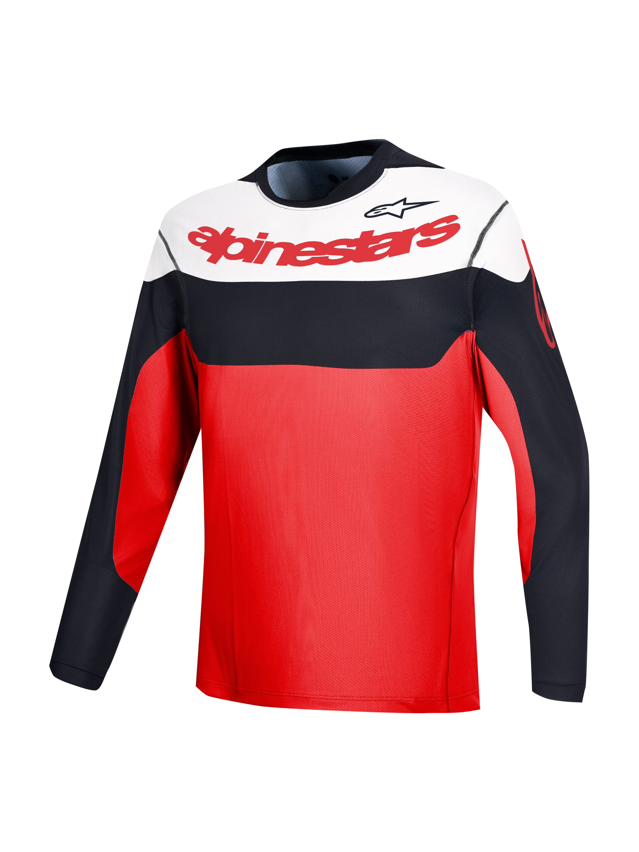 Maillot VTT A-Dura Race rouge à manches longues, blocs noir et blanc et logos Alpinestars pour la performance VTT.