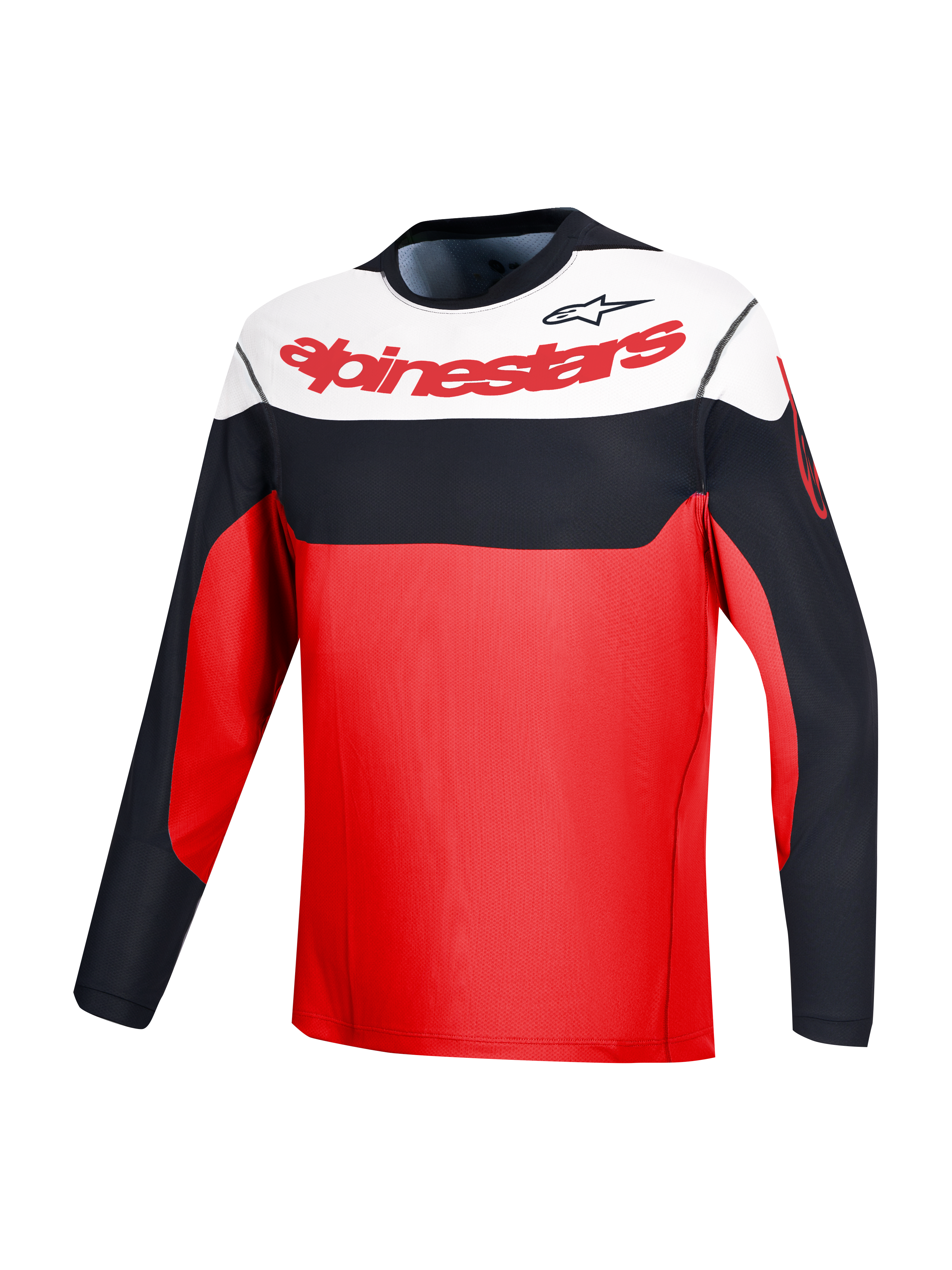 Maillot VTT A-Dura Race rouge à manches longues, blocs noir et blanc et logos Alpinestars pour la performance VTT.