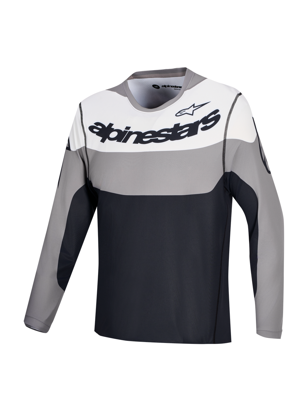 Alpinestars Maillot A-Dura Race, maillot de VTT à manches longues gris, blanc et noir avec logo sur la poitrine, en tissu stretch léger recyclé