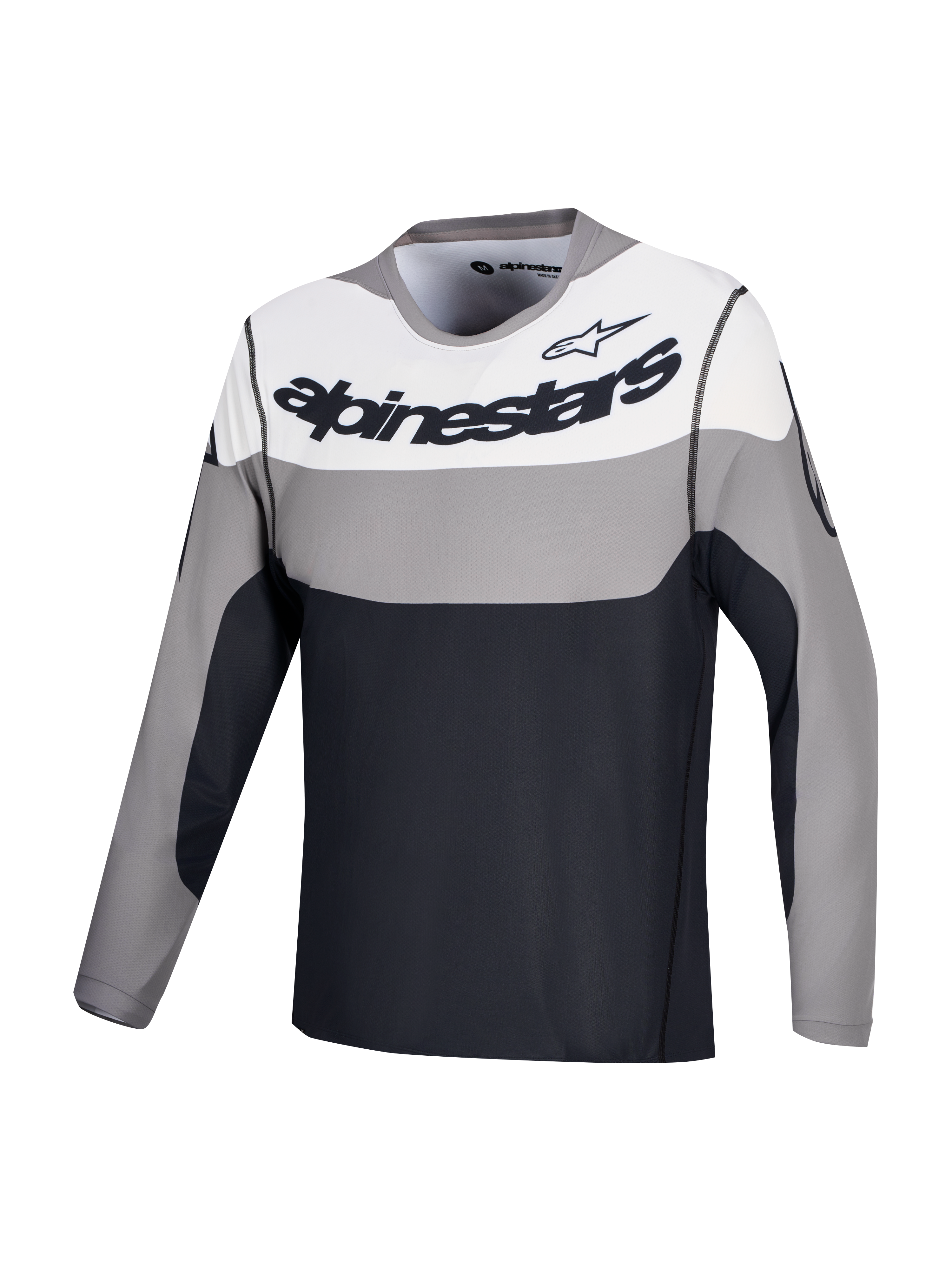 Alpinestars Maillot A-Dura Race, maillot de VTT à manches longues gris, blanc et noir avec logo sur la poitrine, en tissu stretch léger recyclé