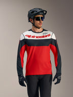 Maillot A-Dura Race manches longues rouge, noir et blanc avec logo Alpinestars, tenue de performance VTT