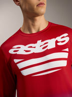 Maillot Alpinestars A-Dura ASTARS 2.0 rouge vif à manches longues, logo blanc et rayures sur la poitrine.