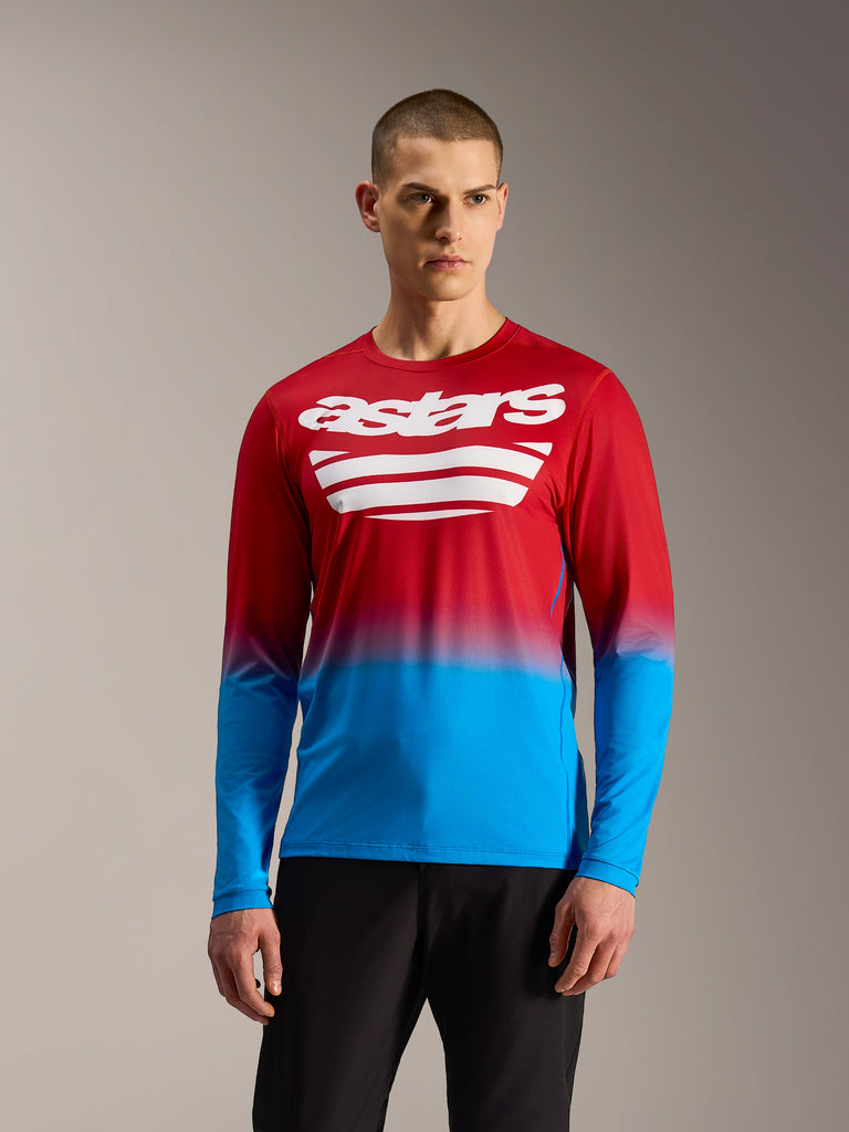 Maillot A-Dura ASTARS 2.0 manches longues, dégradé rouge et bleu avec logo blanc, vêtement de performance pour VTT.