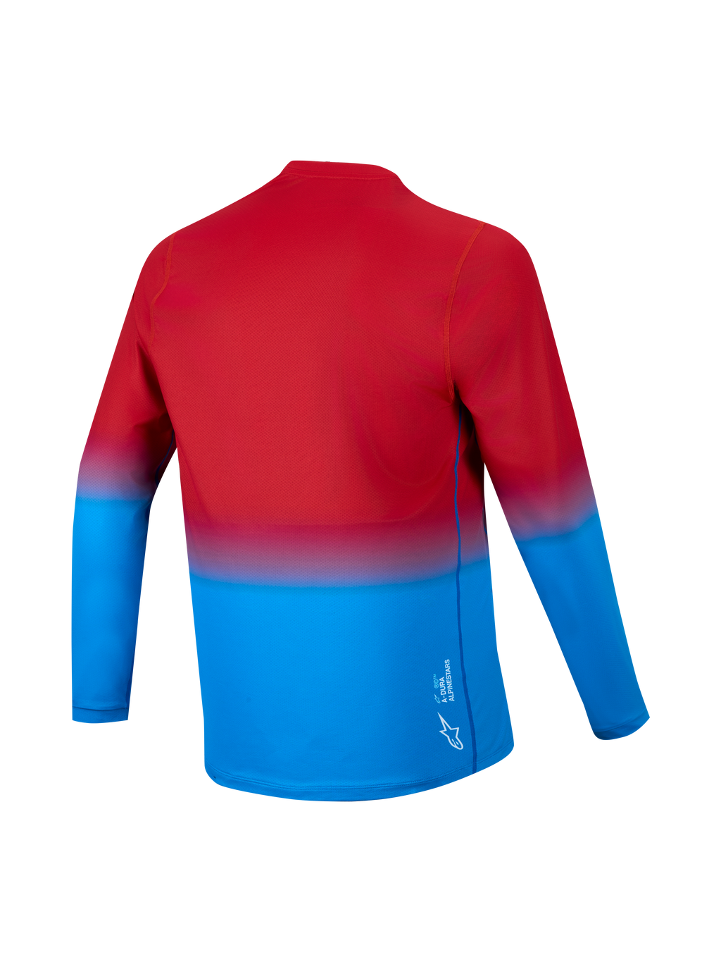 Maillot A-Dura ASTARS 2.0 manches longues, dégradé rouge et bleu, vue arrière avec pan allongé et tissu technique.