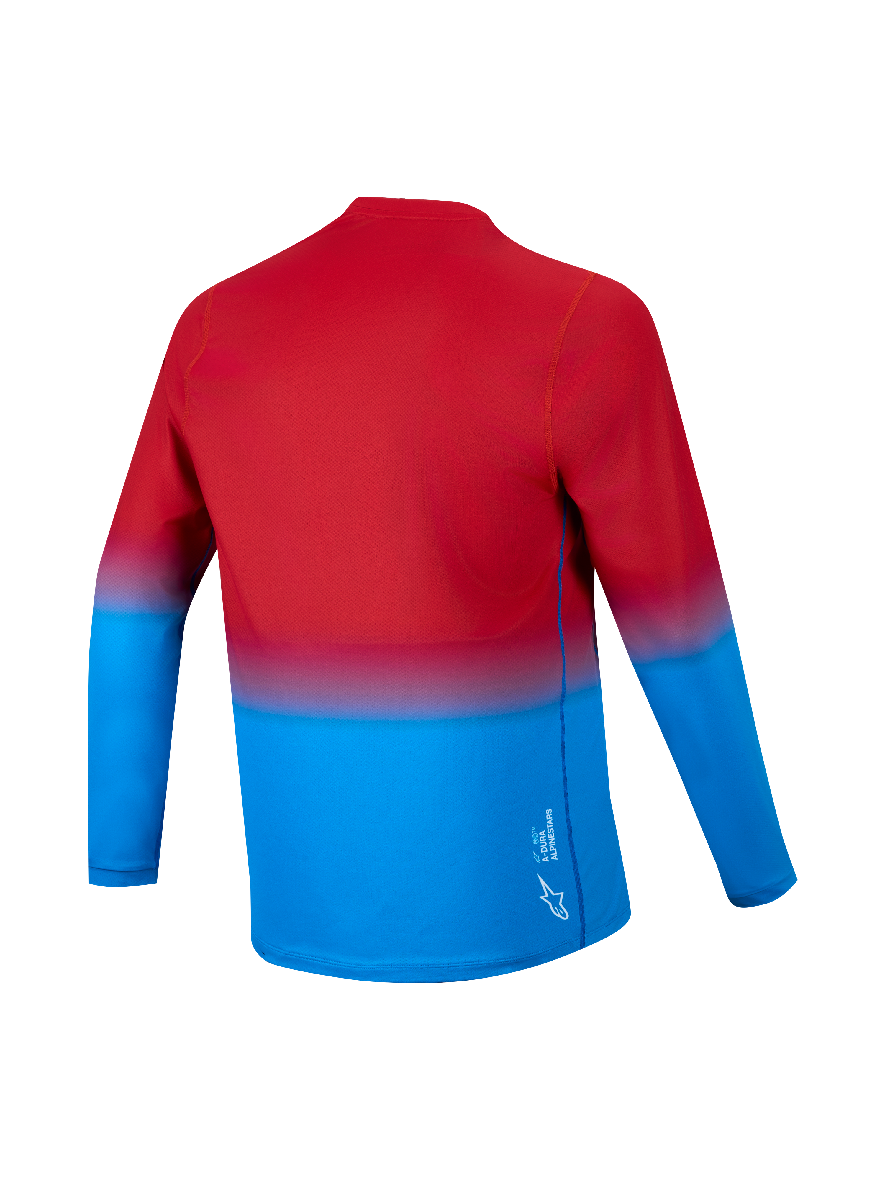 Maillot A-Dura ASTARS 2.0 manches longues, dégradé rouge et bleu, vue arrière avec pan allongé et tissu technique.