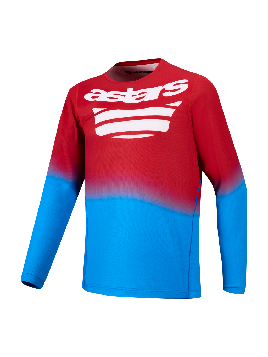 Maillot VTT A-Dura ASTARS 2.0 rouge et bleu vif, manches longues et logo graphique blanc sur la poitrine.