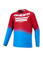 Maillot VTT A-Dura ASTARS 2.0 rouge et bleu vif, manches longues et logo graphique blanc sur la poitrine.