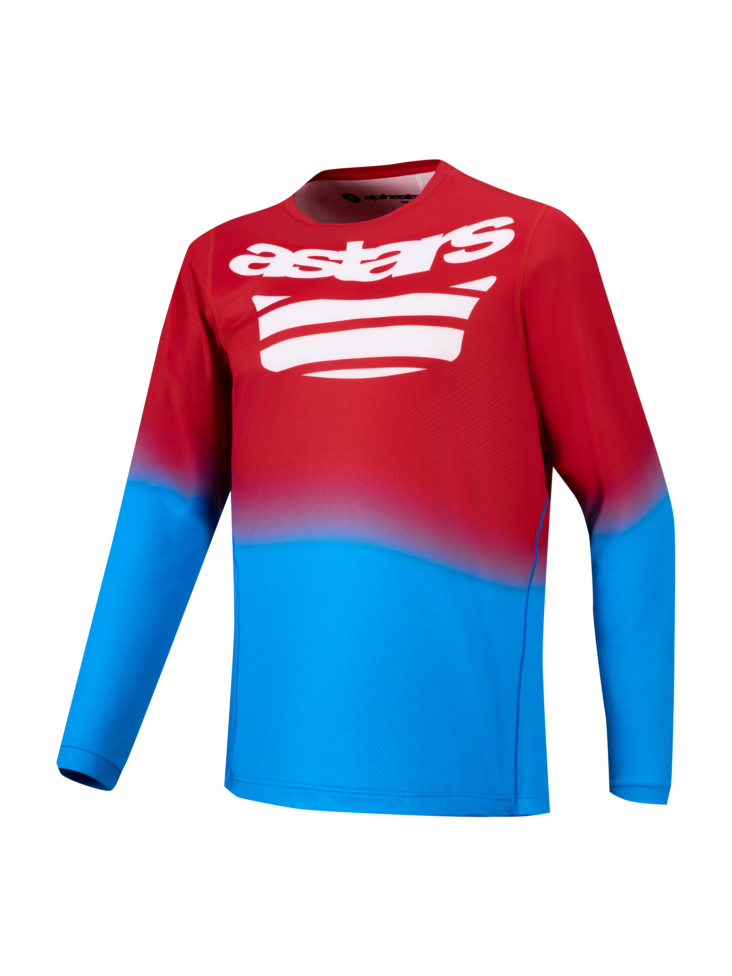 Maillot VTT A-Dura ASTARS 2.0 rouge et bleu vif, manches longues et logo graphique blanc sur la poitrine.