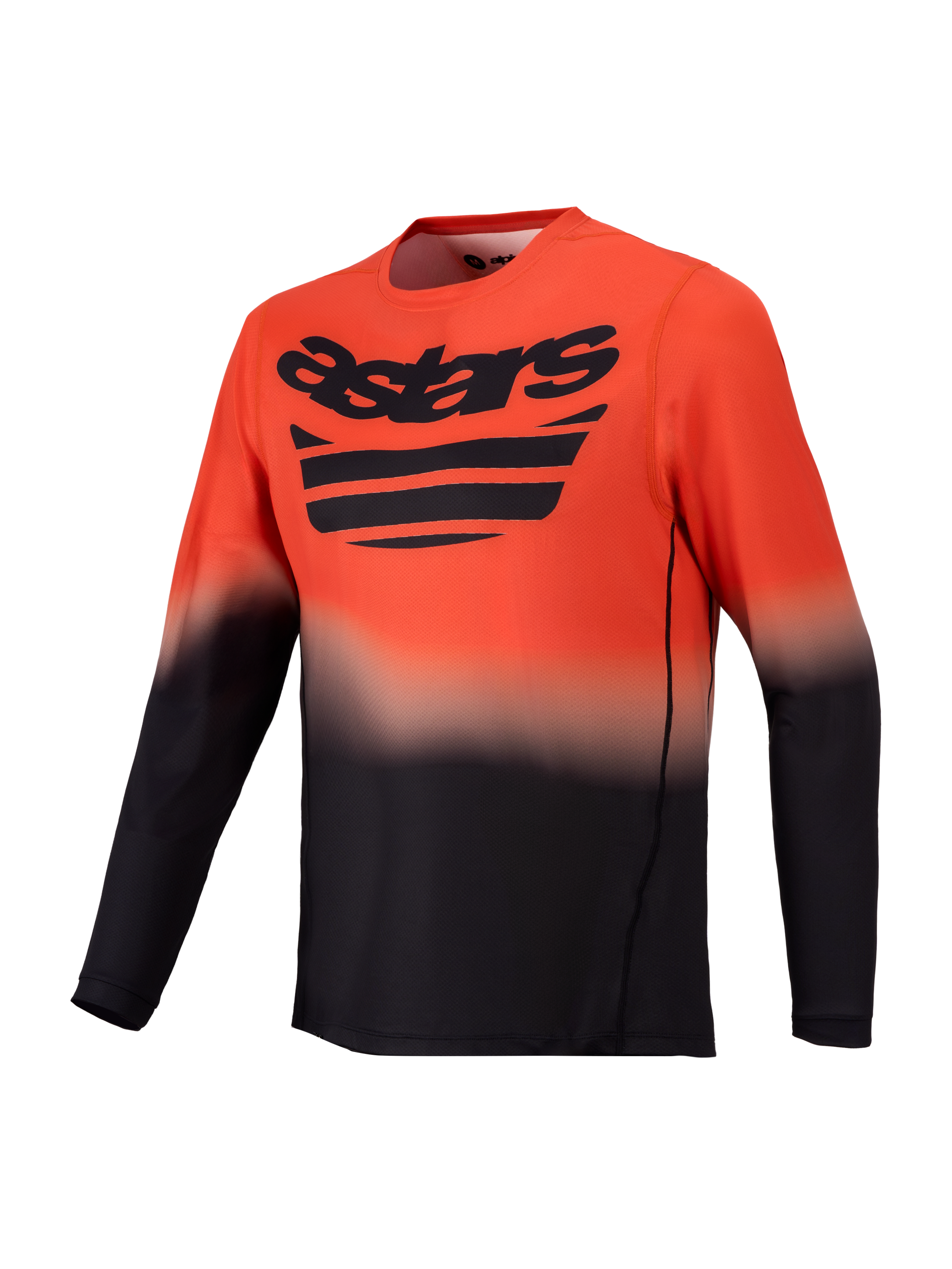 Maillot VTT Alpinestars A-Dura ASTARS 2.0, manches longues, dégradé orange et noir avec logo Astars sur la poitrine.