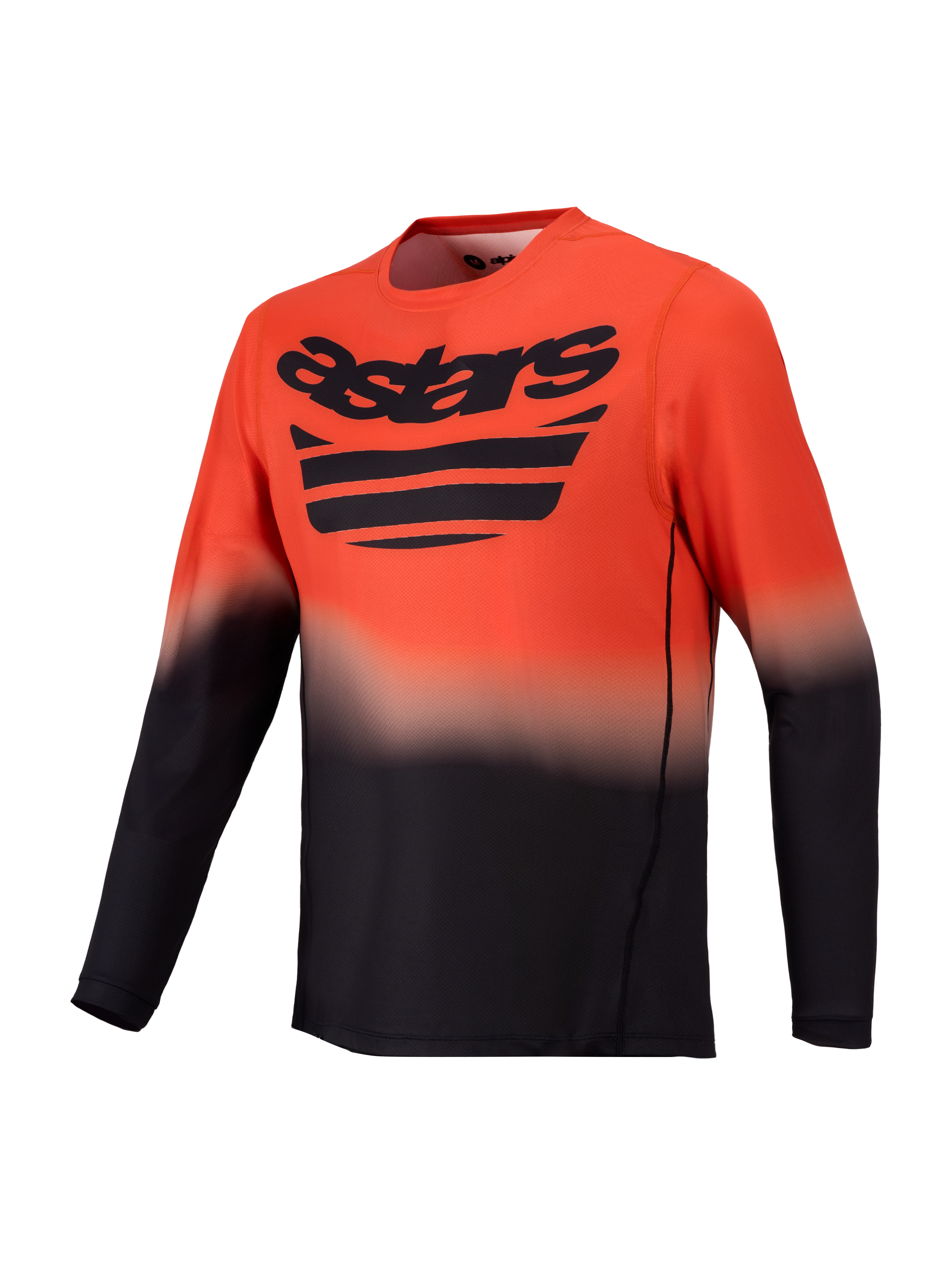 Maillot VTT Alpinestars A-Dura ASTARS 2.0, manches longues, dégradé orange et noir avec logo Astars sur la poitrine.
