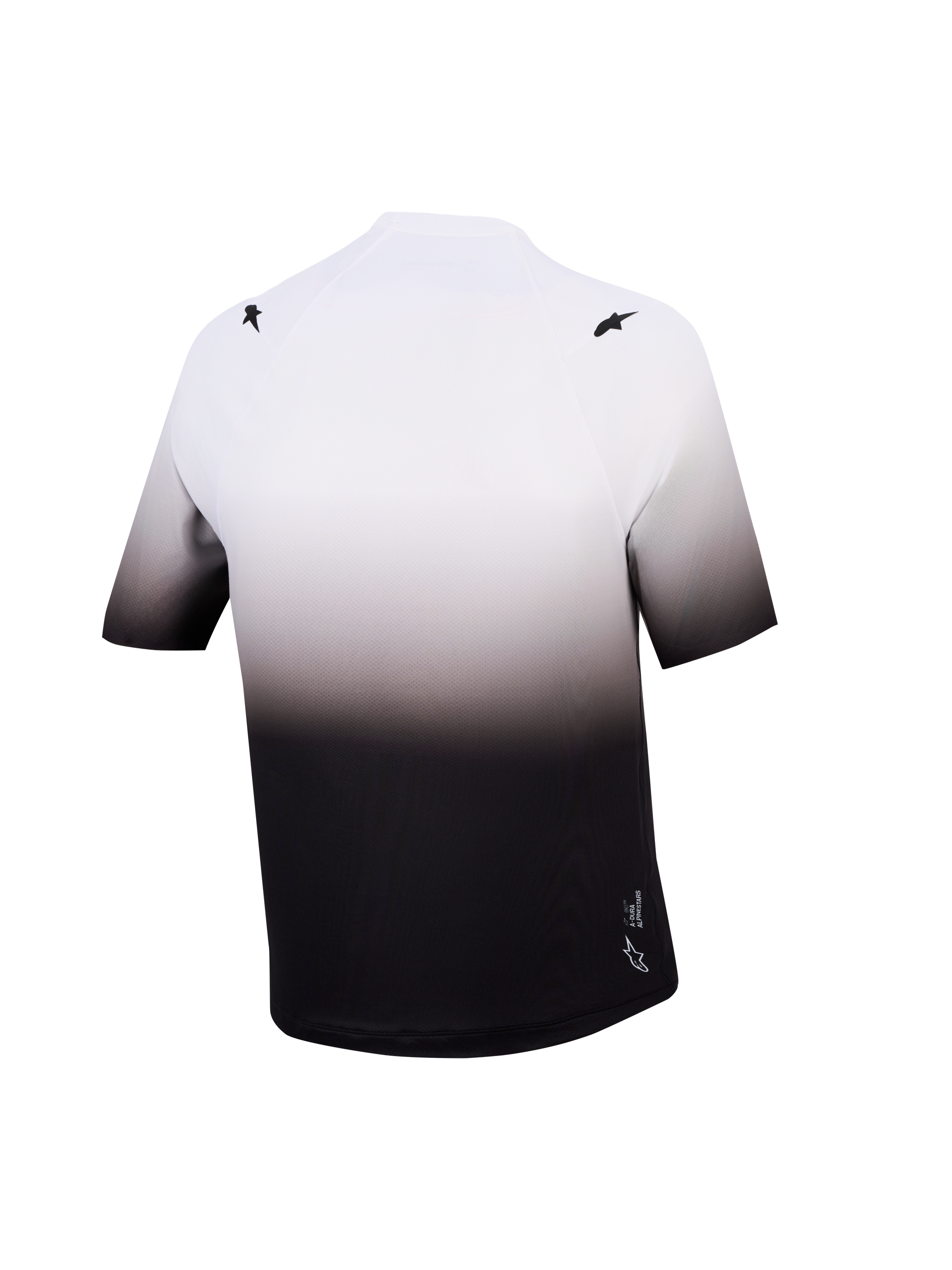 Maillot VTT A-Dura ASTARS 2.0, dégradé blanc et noir, manches courtes, vue de dos avec logos étoiles aux épaules.