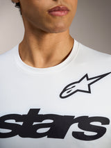 Maillot A-Dura ASTARS 2.0 blanc, détail avec logo étoile noir et lettrage Alpinestars sur la poitrine.