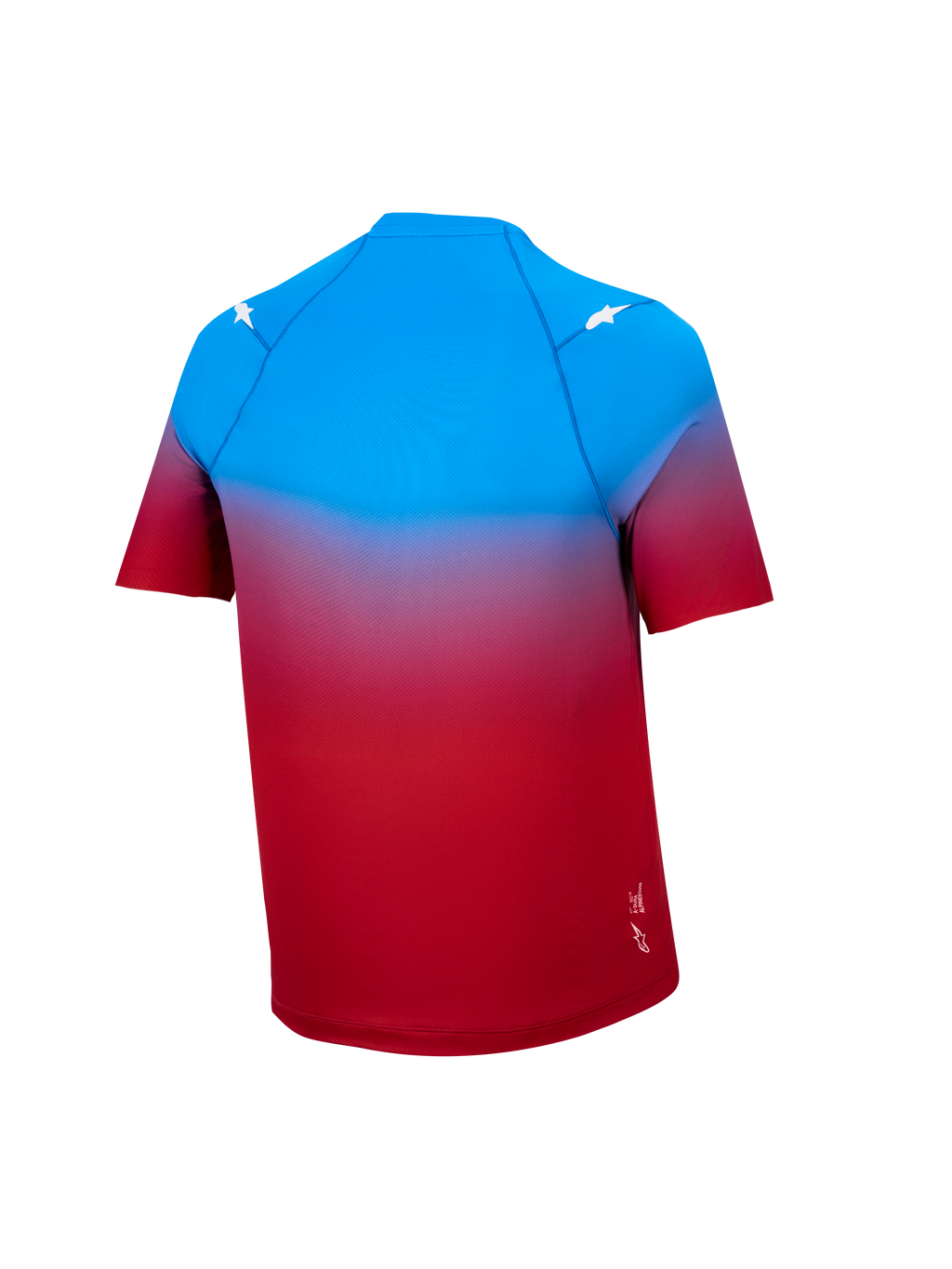 Maillot A-Dura ASTARS 2.0 à manches courtes, dégradé bleu et rouge vif, haut VTT performance avec étoiles blanches.