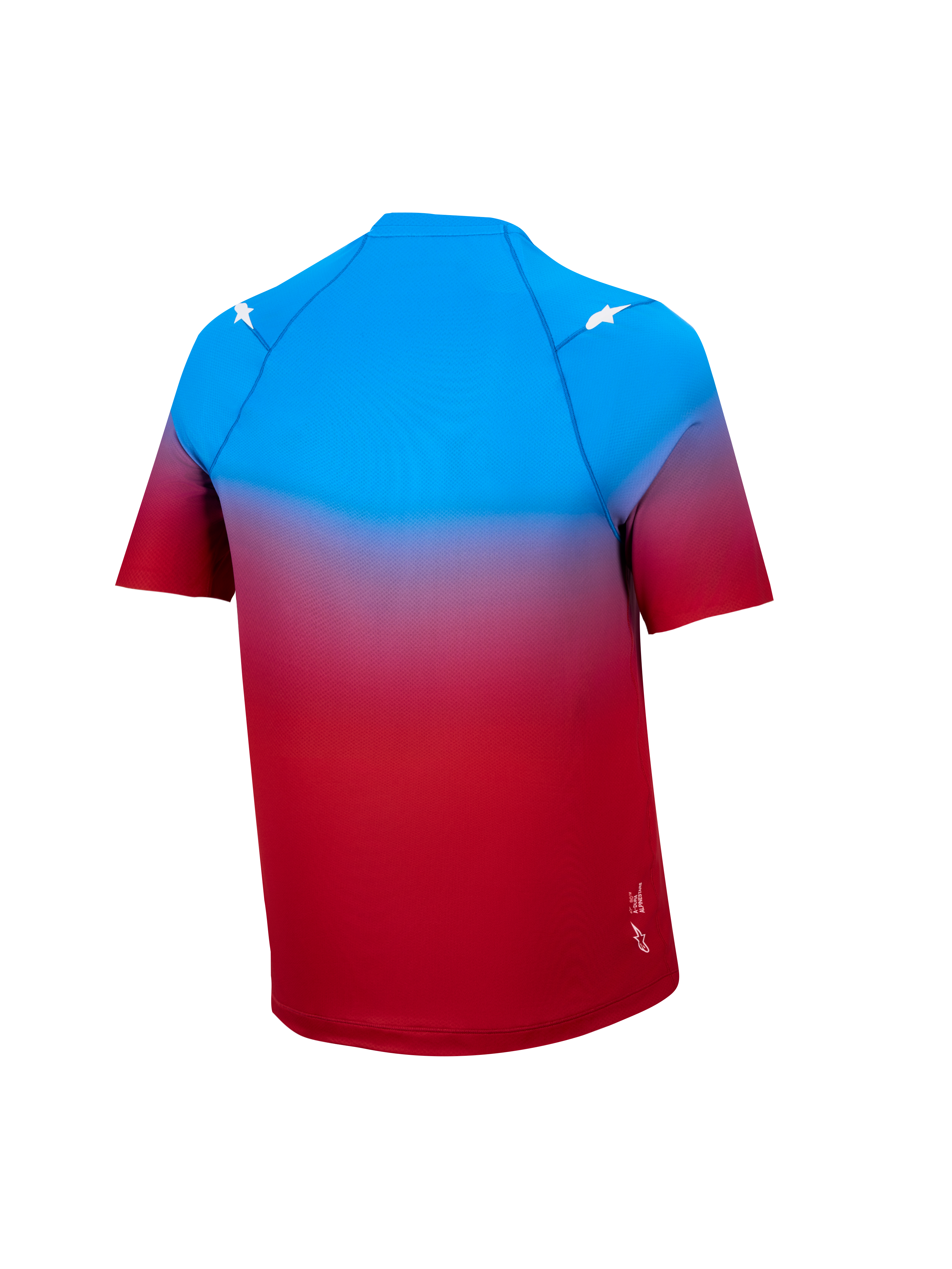 Maillot A-Dura ASTARS 2.0 à manches courtes, dégradé bleu et rouge vif, haut VTT performance avec étoiles blanches.