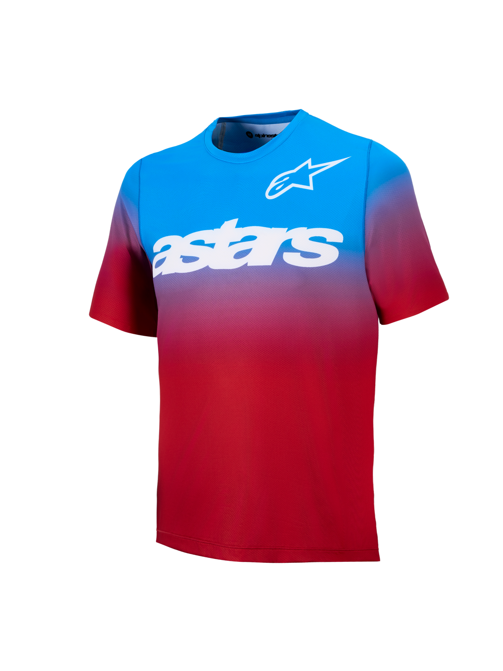 Maillot de VTT A-Dura ASTARS 2.0, manches courtes, dégradé rouge et bleu avec logo blanc sur la poitrine.