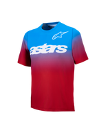 Maillot de VTT A-Dura ASTARS 2.0, manches courtes, dégradé rouge et bleu avec logo blanc sur la poitrine.