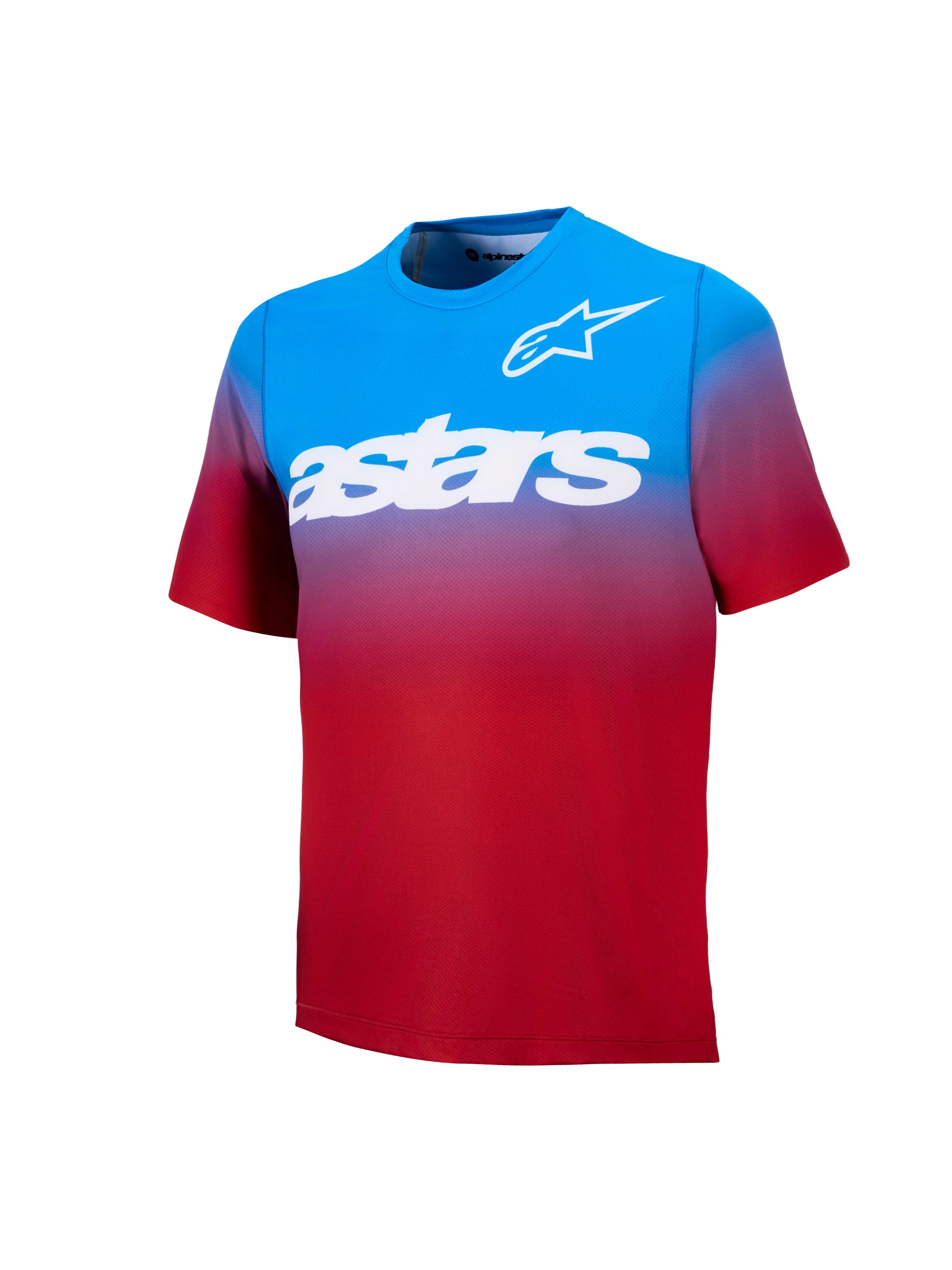Maillot de VTT A-Dura ASTARS 2.0, manches courtes, dégradé rouge et bleu avec logo blanc sur la poitrine.