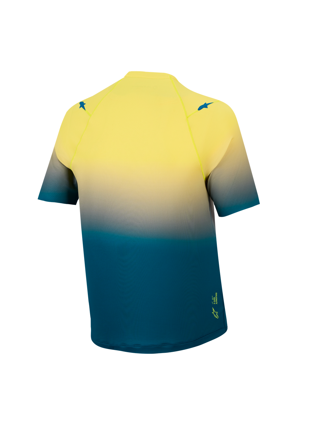 Maillot VTT A-Dura ASTARS 2.0, vue arrière, dégradé bleu et jaune fluo, haut technique stretch à manches courtes.