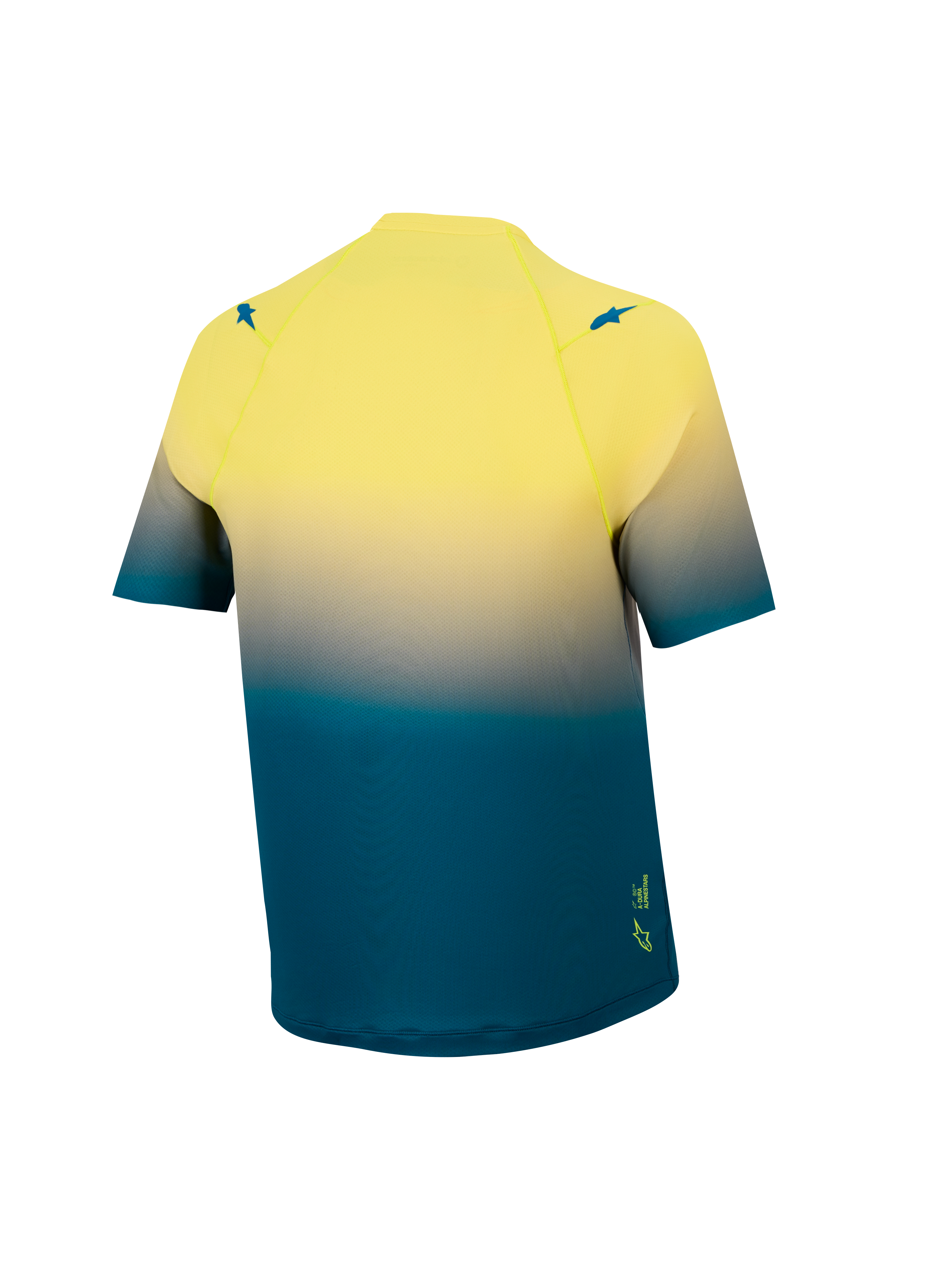 Maillot VTT A-Dura ASTARS 2.0, vue arrière, dégradé bleu et jaune fluo, haut technique stretch à manches courtes.