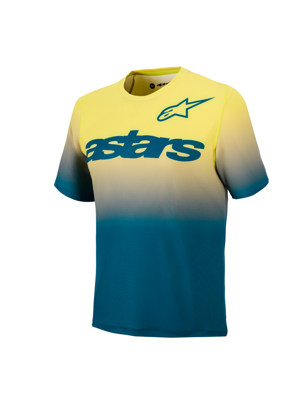 Maillot VTT A-Dura ASTARS 2.0, manches courtes, dégradé jaune fluo et bleu vert avec logo Astars sur la poitrine.