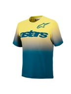 Maillot VTT A-Dura ASTARS 2.0, manches courtes, dégradé jaune fluo et bleu vert avec logo Astars sur la poitrine.